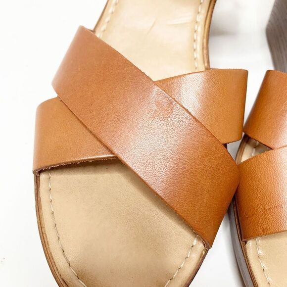 Mariella Women’s Leather Ankle Strap Wooden Wedge Cross Straps Tan Sandal Sz 10M - Picture 5 of 9
